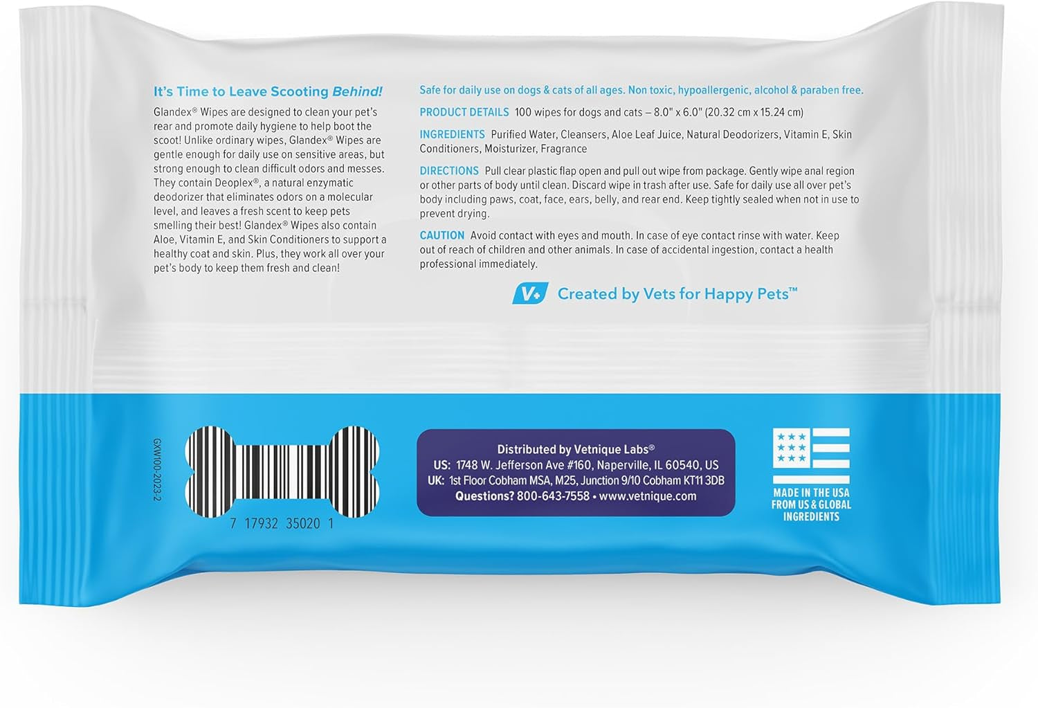 Labs Glandex Dog Wipes for Pets Cleansing & Deodorizing Anal Gland Hygienic Dog & Cat Wipes with Vitamin E, Skin Conditioners and Aloe (100Ct Pouch)