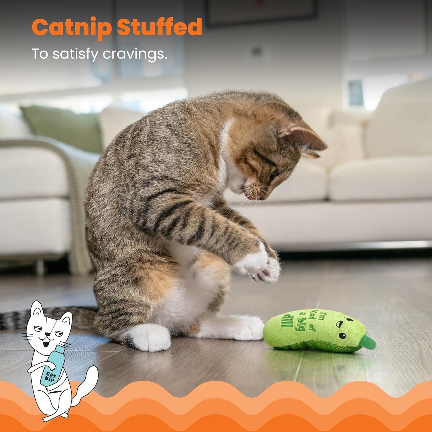 Crunchy Pickle Kicker Toy with Catnip and Dental Mesh, Pickle Shape, Plush and Crinkle Cat Toy for Kicking, Tossing, and Teeth Cleaning, Green