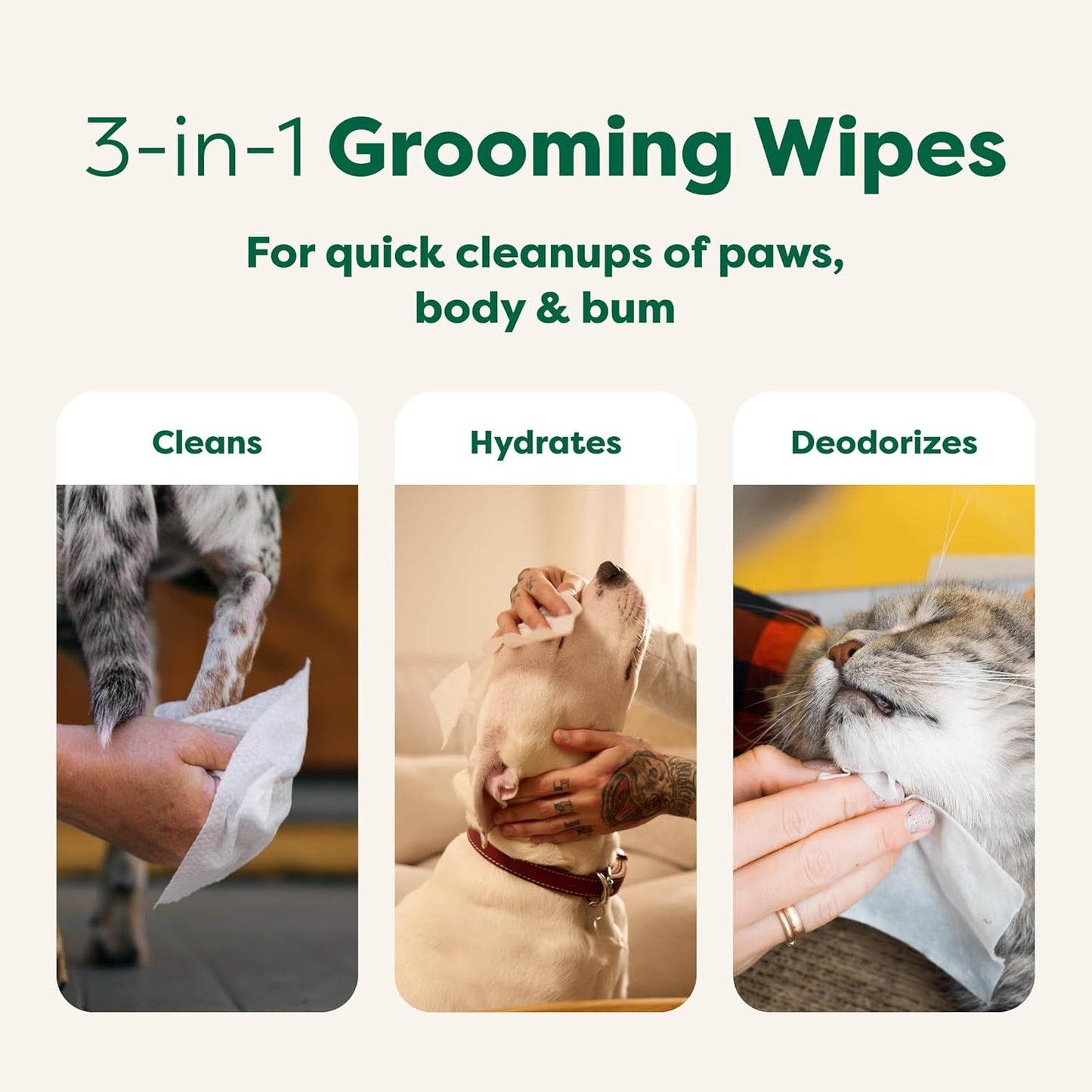 Pet Wipes for Dogs and Cats, Hypoallergenic, 3-In-1 Cleaning, Deodorizing and Hydrating, for Grooming Paws, Body and Butt, New White Tea and Basil Scent, 100 Count