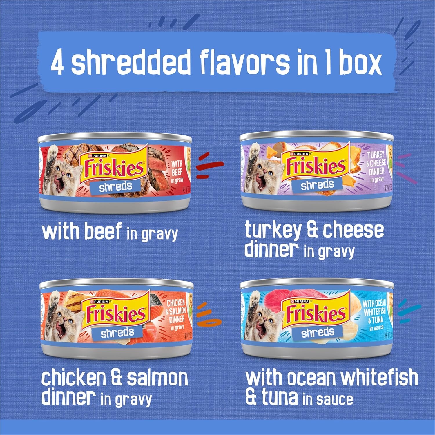 Purina  Wet Cat Food Variety Pack, Shreds with Beef, Turkey & Cheese, Chicken & Salmon, Ocean Whitefish & Tuna - Indoor Canned Cat Food Wet Gravy - (Pack of 40) 5.5 Oz Cans
