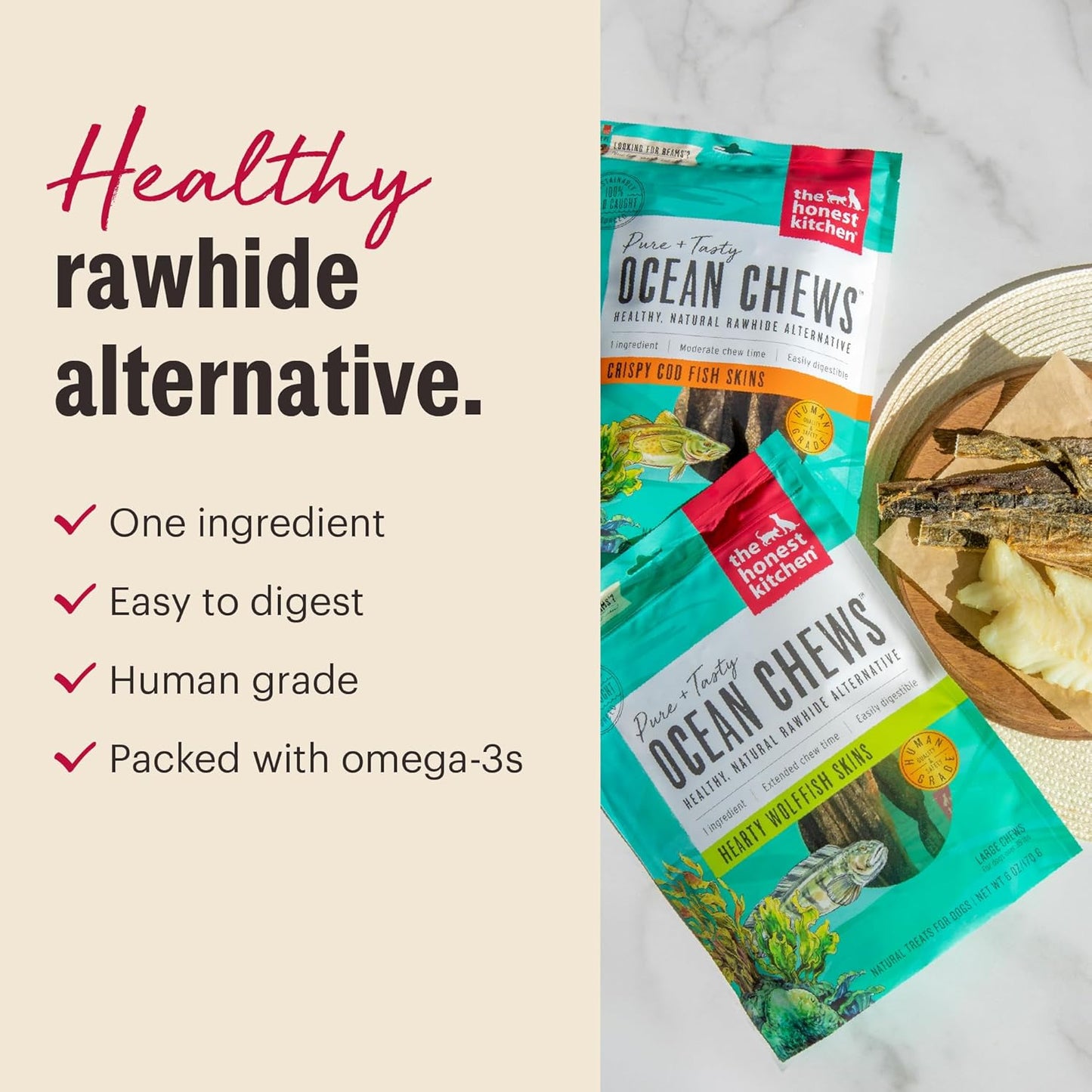 Human Grade Ocean Chews Crispy Cod Fish Skins Dog Treats, 5.5 Ounces