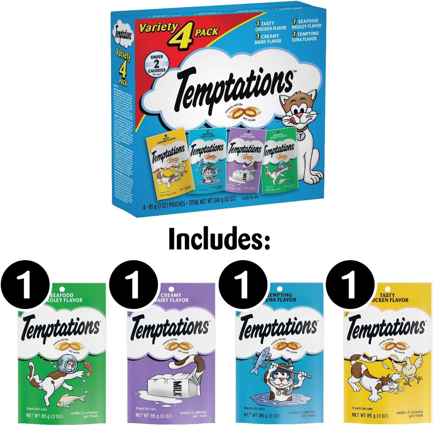 Classic Crunchy and Soft Cat Treats Feline Favorites Variety Pack, 3 Oz. Pouches (Pack of 4)
