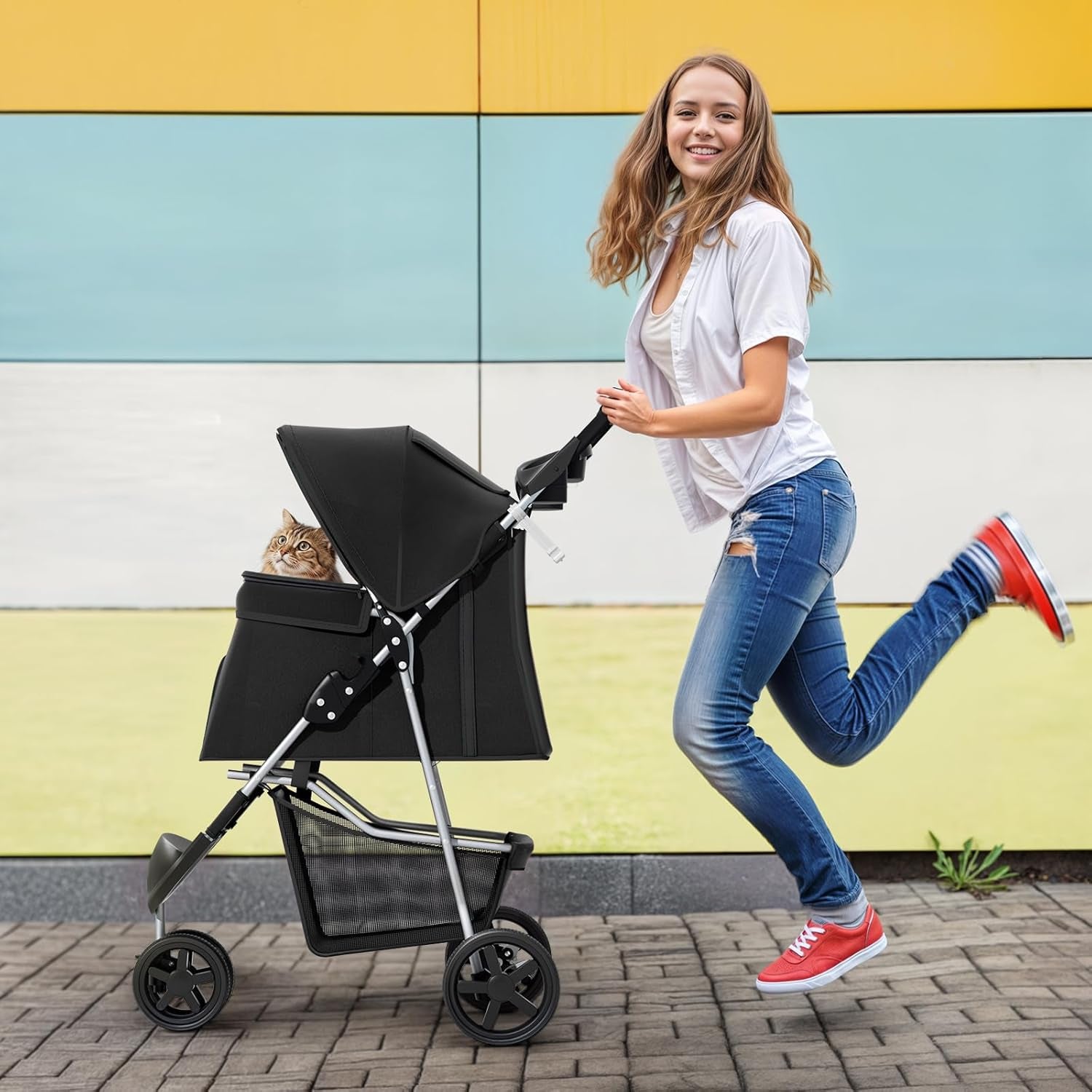 Foldable Pet Stroller with Weather Cover, 3 Wheels Pet Strolling Cart for Small/Medium Dogs and Cats with Storage Basket and Cup Holder, Breathable and Visible Mesh for All-Season, Black
