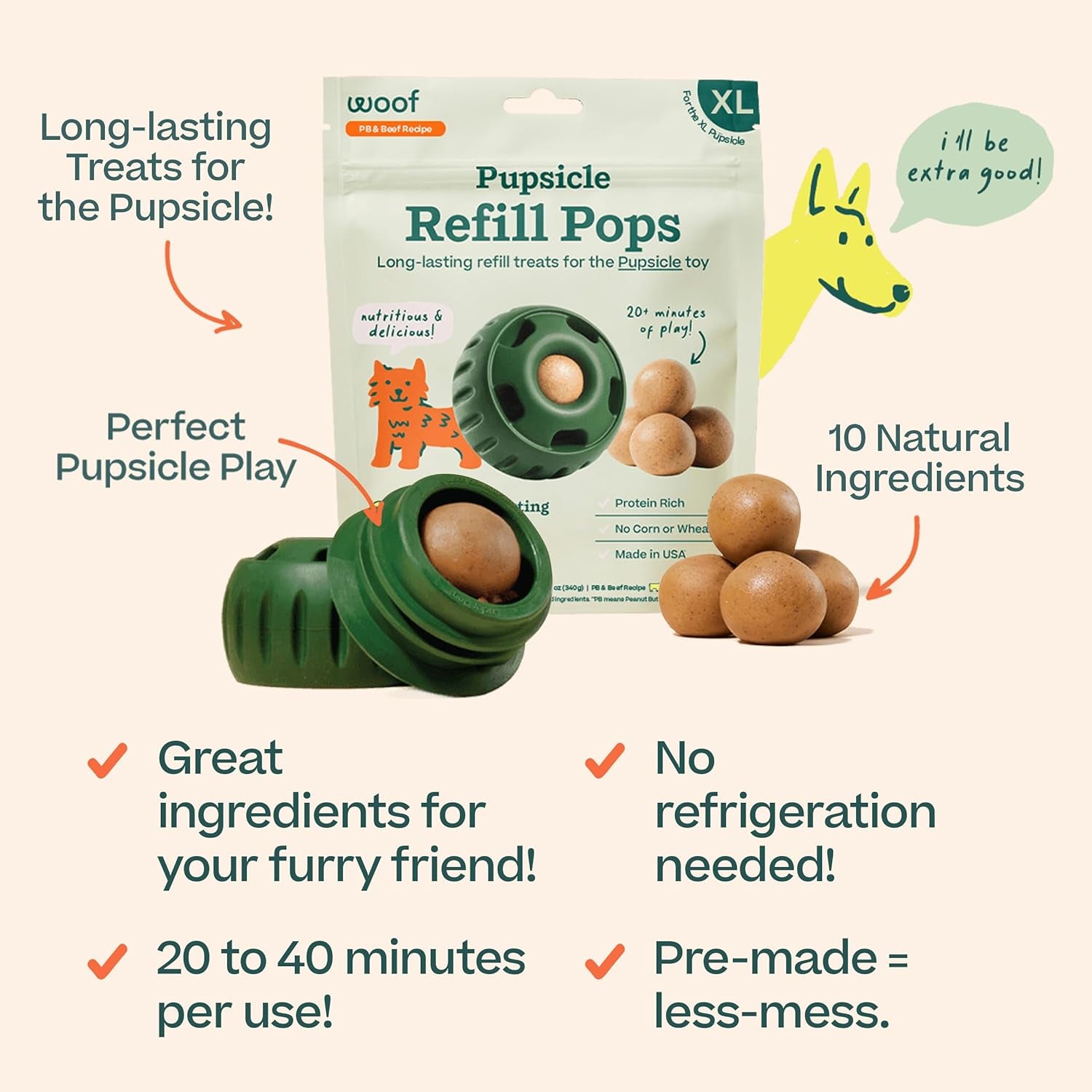 Pupsicle Refill Pops - Low-Mess Dog Snacks - with Peanut Butter and Beef - Dog Treats - Long Lasting - XL Pops - 5 Count