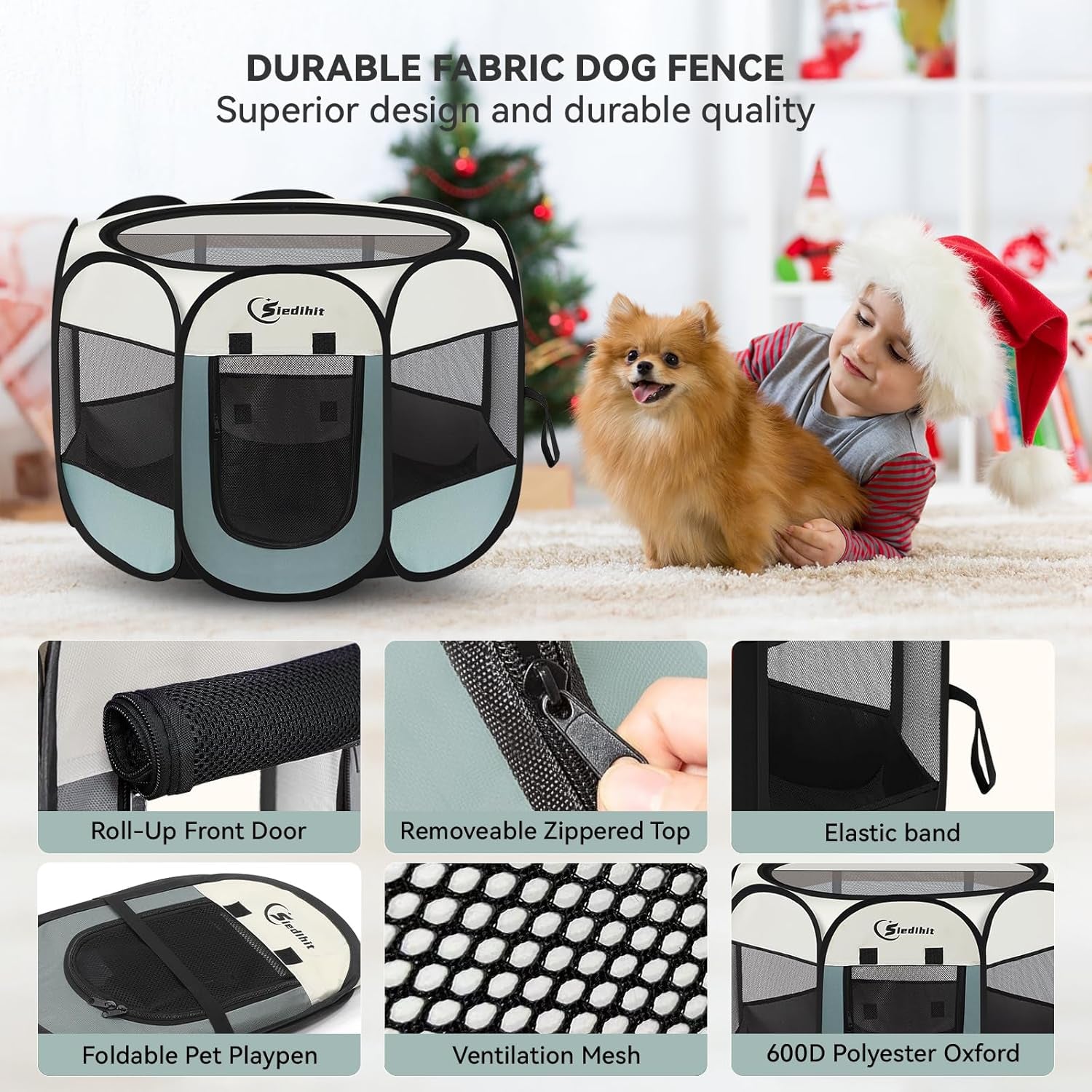 Dog Playpen, Puppy Pet Playpen, Medium Dogs Tent Crates Cage Indoor/Outdoor, Portable Pop up Dog Kennel Playpen with Carrying Case for Dogs/Cats/Rabbits, Removable Zipper Top, Grey