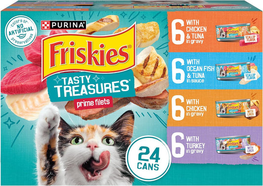 Purina  Wet Cat Food Variety Pack, Tasty Treasures Prime Filets with Chicken, Tuna, Ocean Fish, Turkey, Canned Cat Food Wet Pack of 24, 5.5 Oz Cans