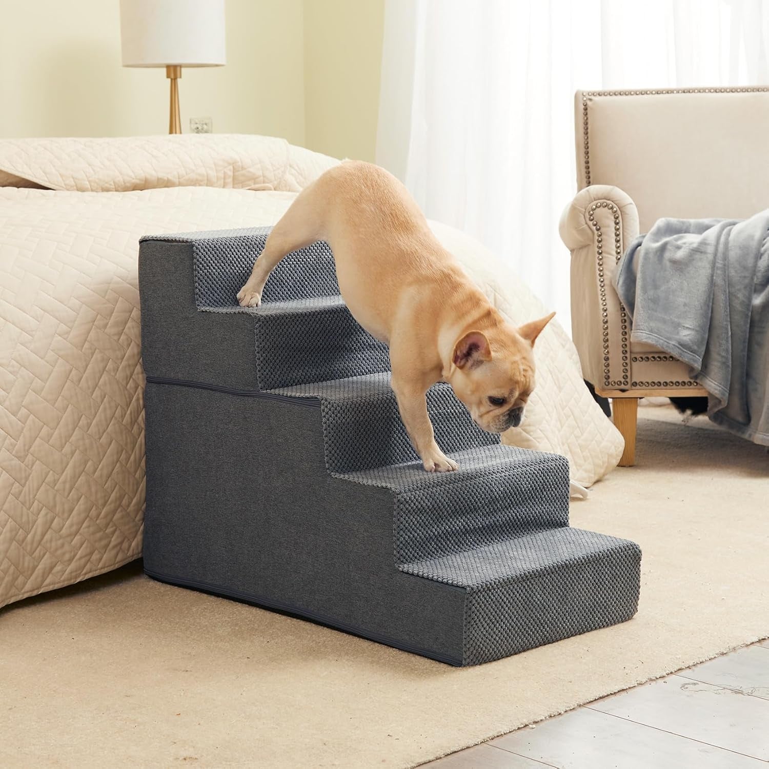 Dog Stairs for High Bed 22.5" H, 5-Step Dog Steps for Bed, Pet Steps for Small Dogs and Cats, Non-Slip Balanced Pet Ramp Indoor, Grey