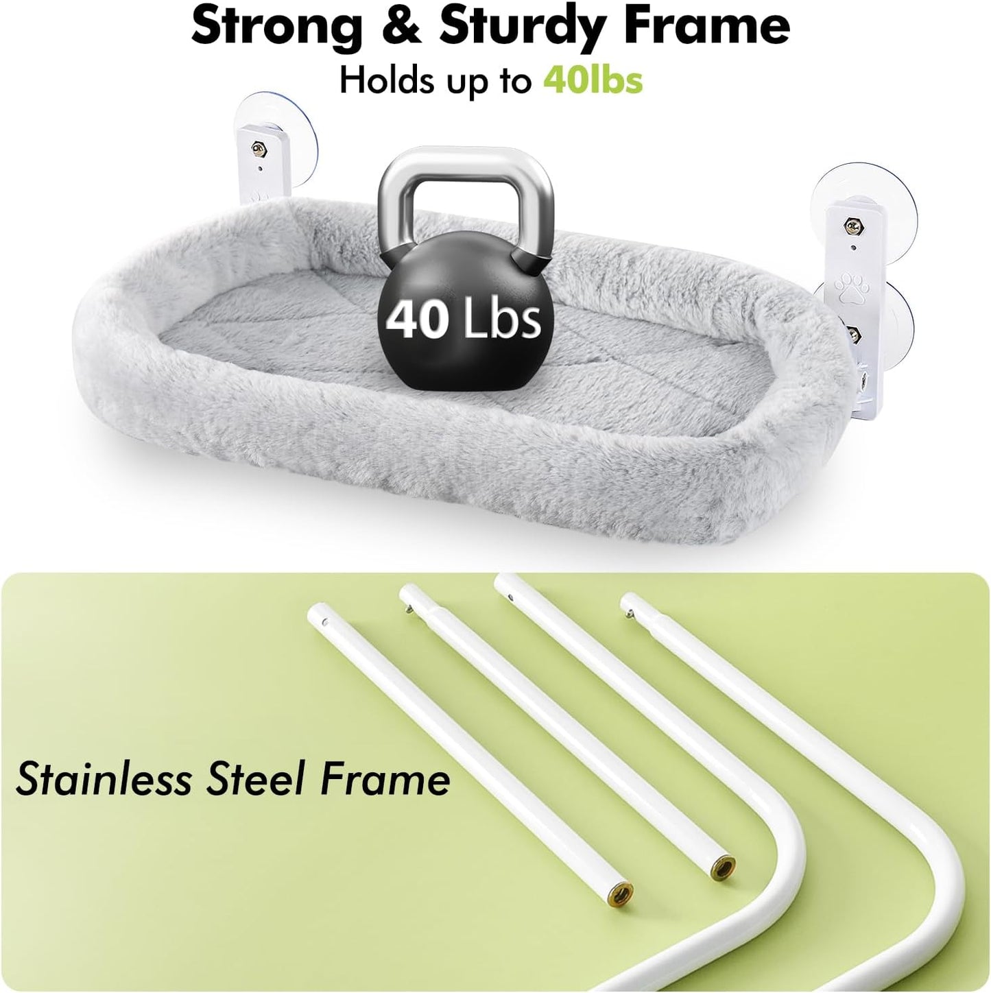 Cordless Cat Window Perch, Cat Hammock for Wall with 4 Strong Suction Cups, Solid Metal Frame and Two Replaceable Covers, Foldable Cat Beds for Indoor Cats (Large-Cushion Bed-Gray)