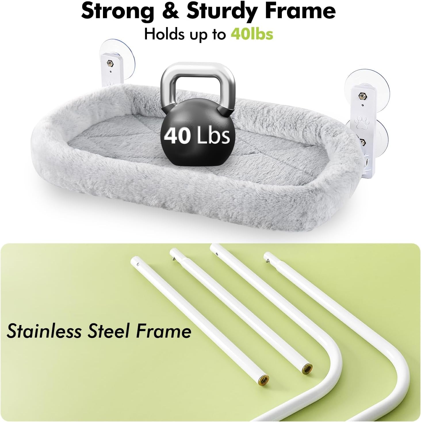 Cordless Cat Window Perch, Cat Hammock for Wall with 4 Strong Suction Cups, Solid Metal Frame and Two Replaceable Covers, Foldable Cat Beds for Indoor Cats (Large-Cushion Bed-Gray)