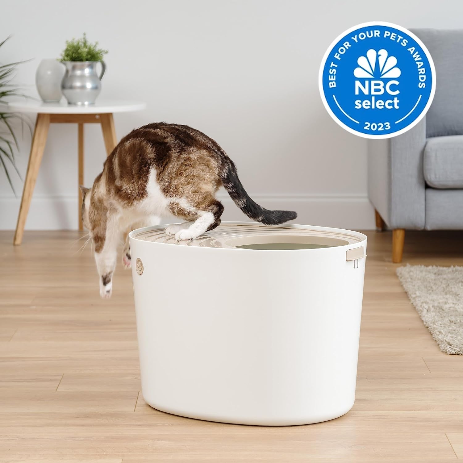 USA Cat Litter Box, Large Top Entry with Litter Catching Lid and Scoop, Dog Proof, Cat Box Enclosure, Beige/White