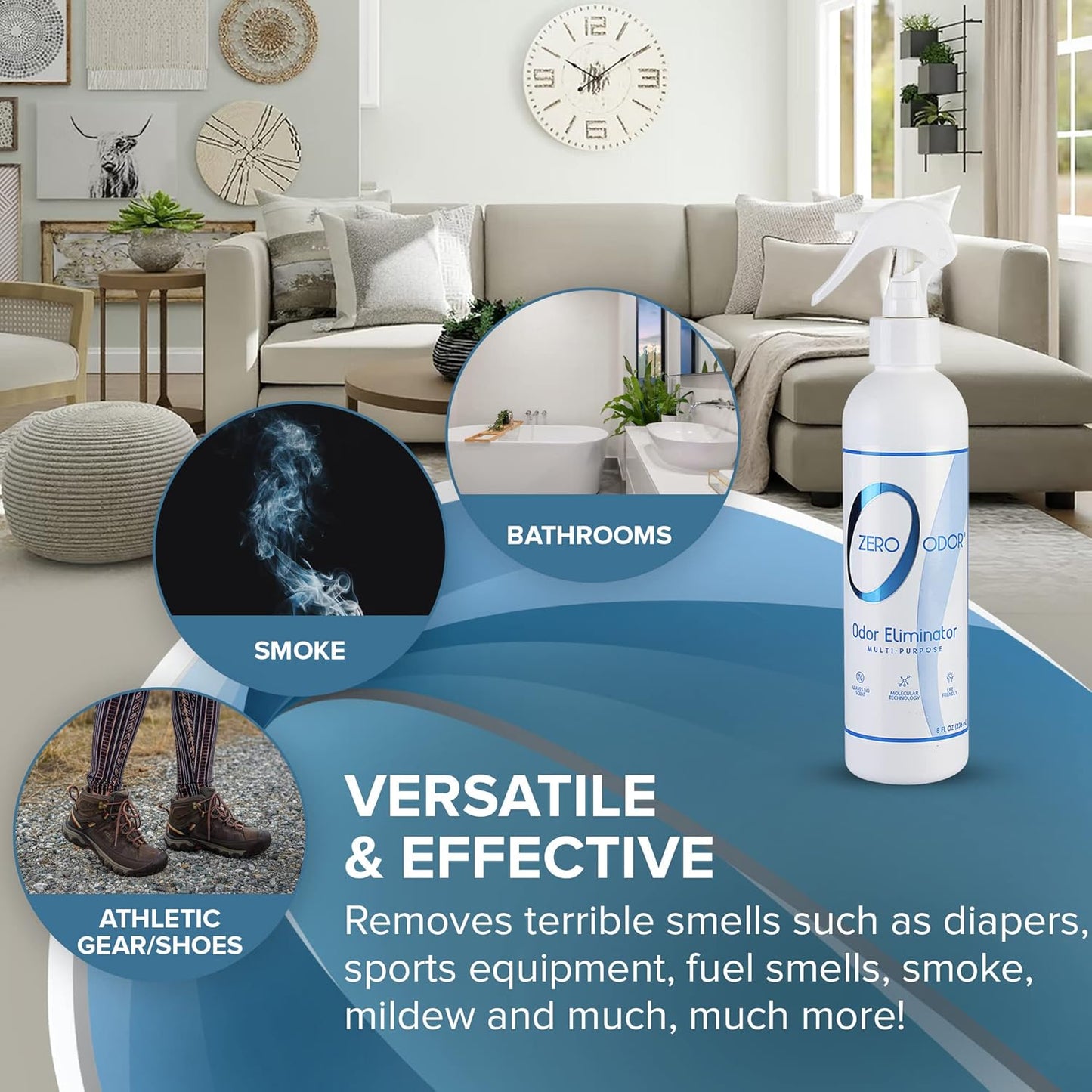 Multi-Purpose Odor Eliminator - Eliminate Air & Surface Odor – Patented Technology Best for Bathroom, Kitchen, Fabric, Closet- Smell Great Again, 8Oz (Over 1000 Sprays)