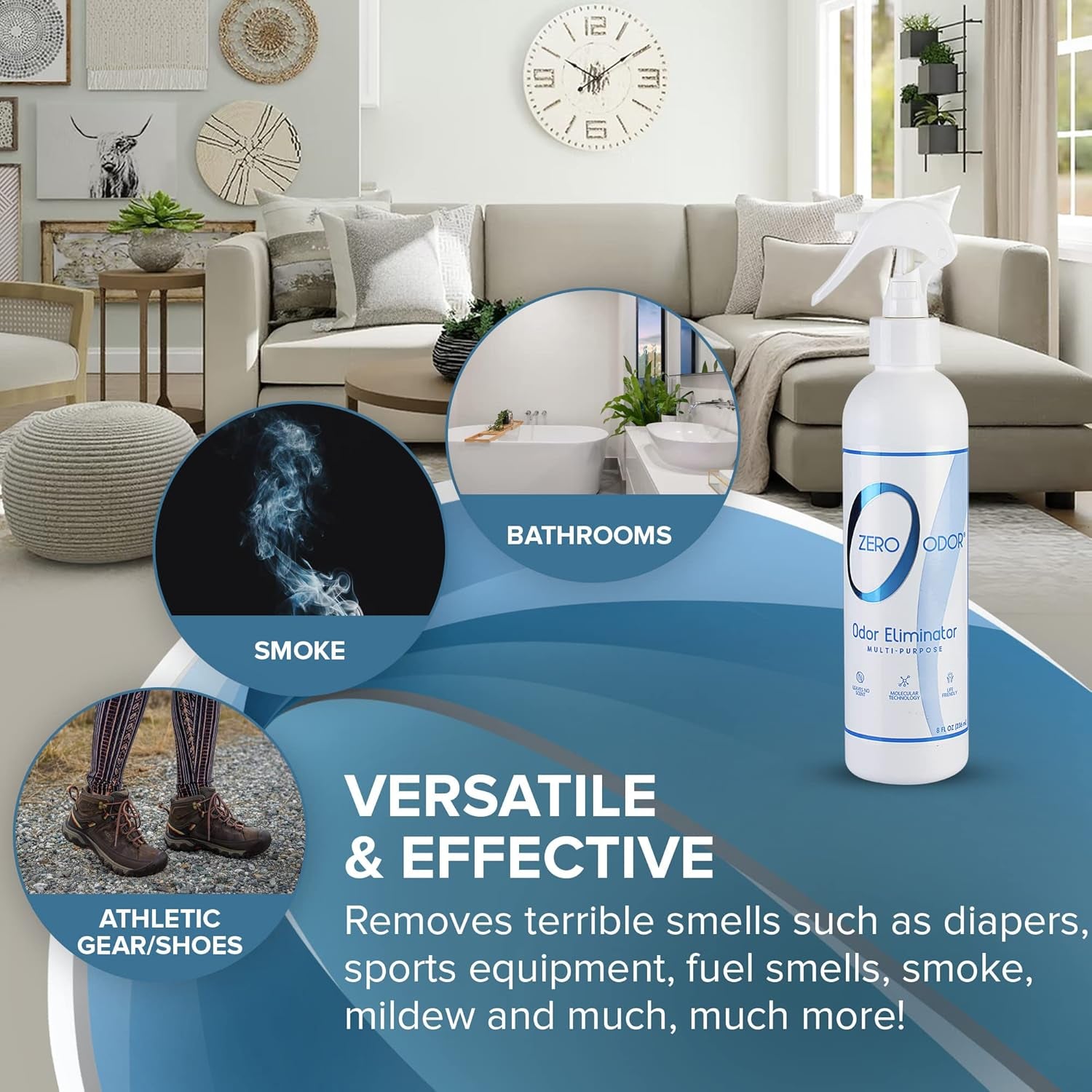 Multi-Purpose Odor Eliminator - Eliminate Air & Surface Odor – Patented Technology Best for Bathroom, Kitchen, Fabric, Closet- Smell Great Again, 8Oz (Over 1000 Sprays)