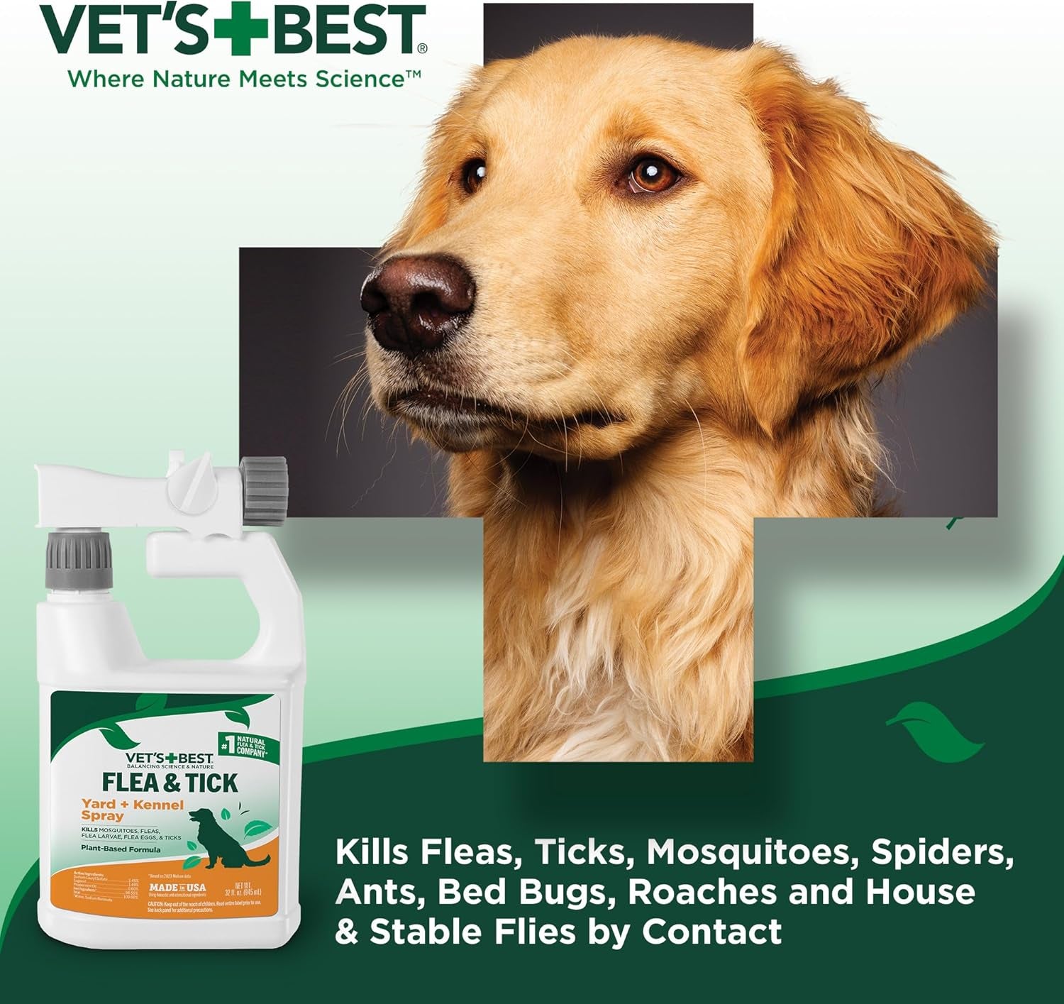 Natural Flea and Tick Yard and Dog Kennel Spray, Plant Safe Tick Spray for Yard with Ready-To-Use Hose Attachment, Mosquito Repellent with Natural Oils, Flea Prevention for Dogs, 32 Ounce