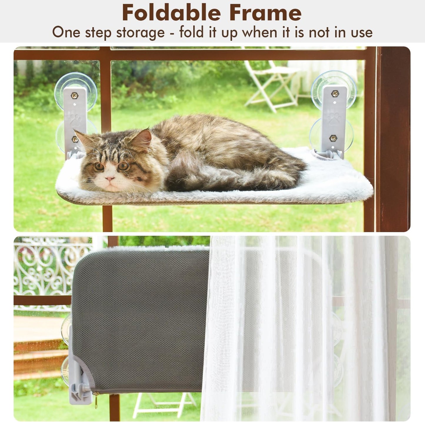 Cordless Cat Window Perch, Cat Hammock for Wall with 4 Suction Cups, Solid Metal Frame and Reversible Cover, Foldable Cat Beds for Indoor Cats