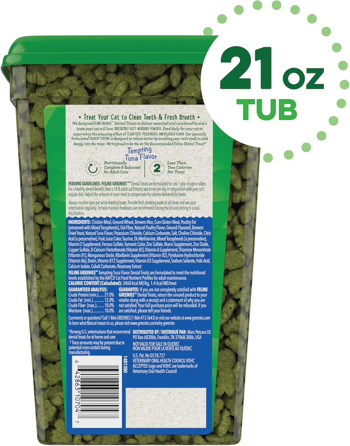 Feline Dental Cat Treats, Tempting Tuna Flavor, 21 Oz. Tub