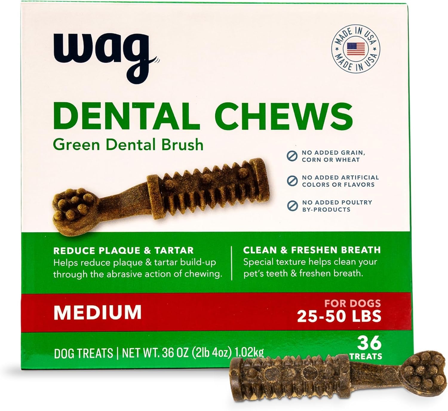 Amazon Brand -  Dental Dog Treats to Help Clean Teeth & Freshen Breath - Medium, Unflavored, 36 Count (Pack of 1)