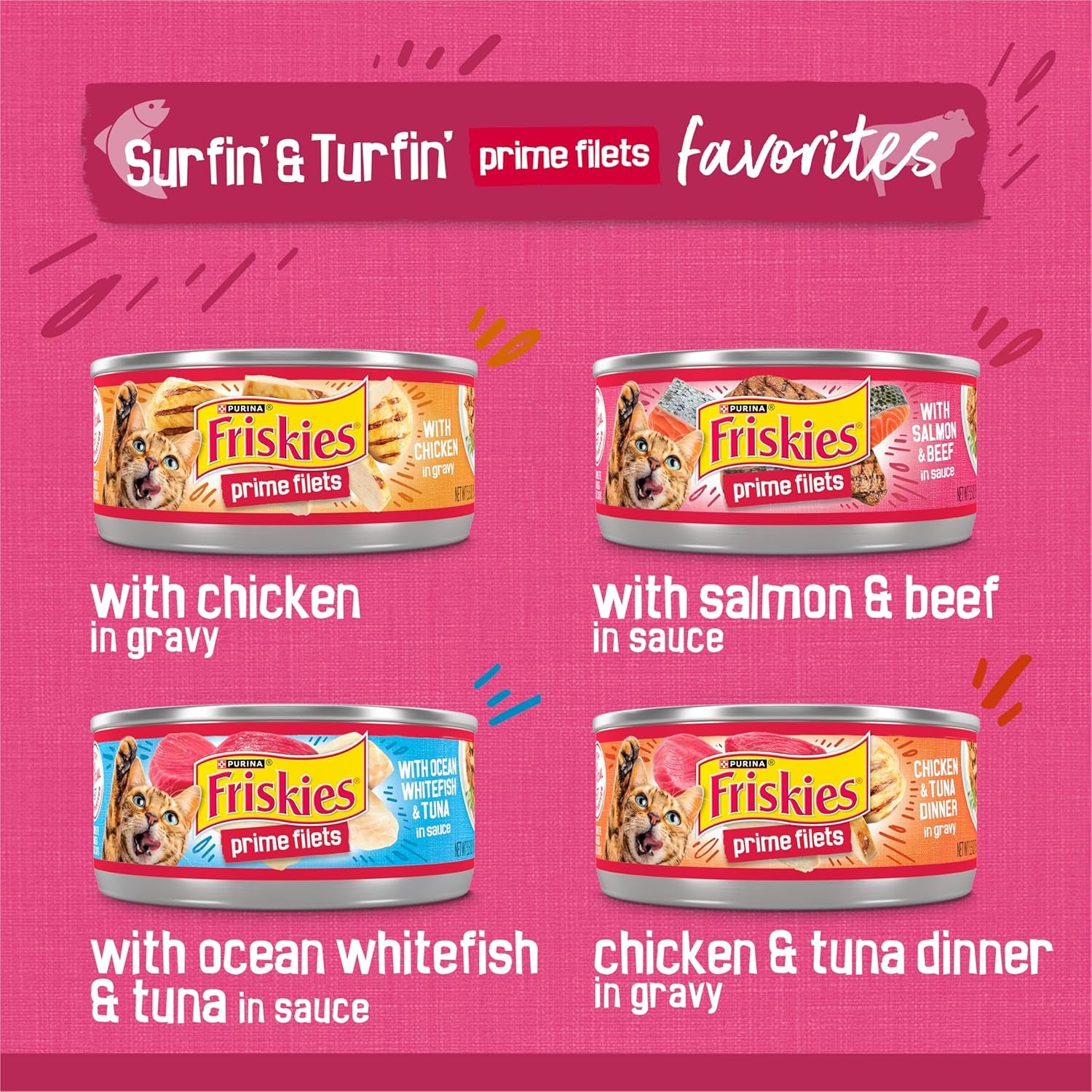 Purina  Gravy Wet Cat Food Variety Pack, Surfin’ and Turfin’ Prime Filets Favorites - (Pack of 40) 5.5 Oz. Cans