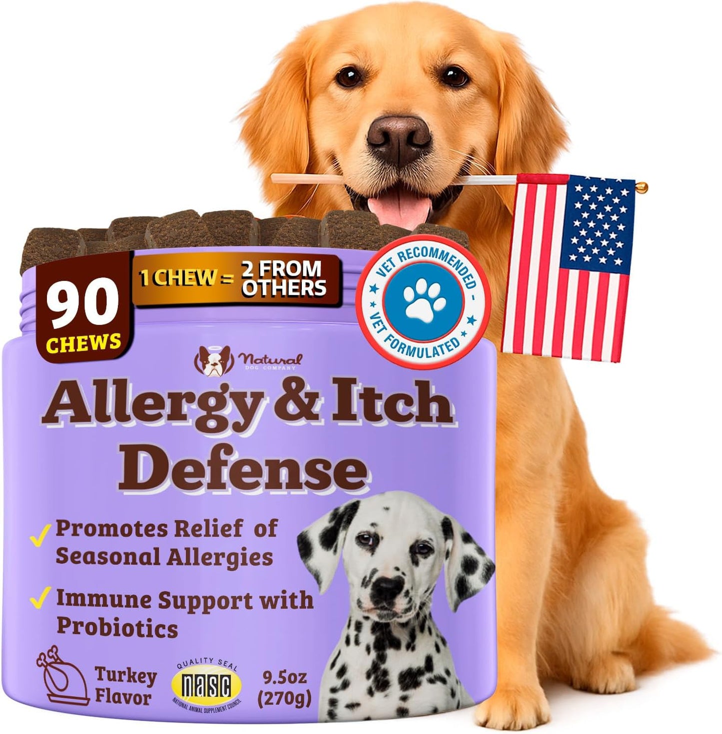 Allergy & Itch Defense Chews – Allergy Support for Dogs, Itch Relief, Skin, Coat & Gut Health with Probiotics, Colostrum & Salmon Oil, Grain-Free Dog Supplement, 90 Ct