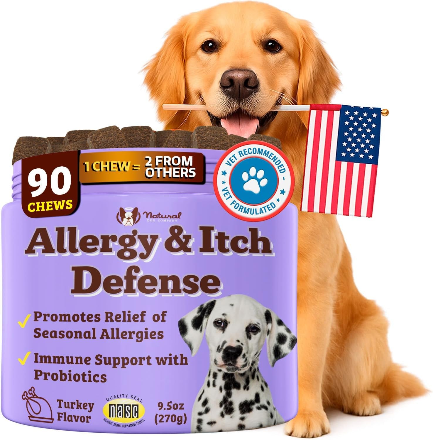 Allergy & Itch Defense Chews – Allergy Support for Dogs, Itch Relief, Skin, Coat & Gut Health with Probiotics, Colostrum & Salmon Oil, Grain-Free Dog Supplement, 90 Ct