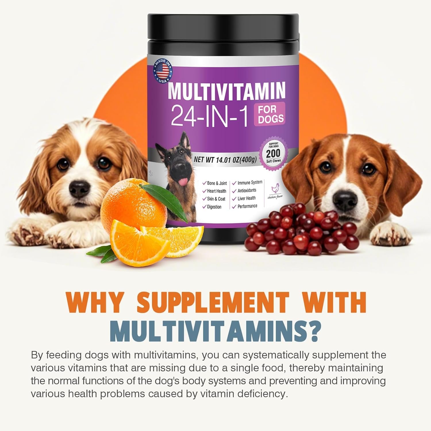 24-In-1 Dog Vitamins and Supplements 200 Ct Dogs Multivitamin Chewable Contain Chondroitin Probiotics Omega-3 Glucosamine for Dogs Skin Coat Heart Joint Gut Liver Brain Eyes Immune Support - Chicken