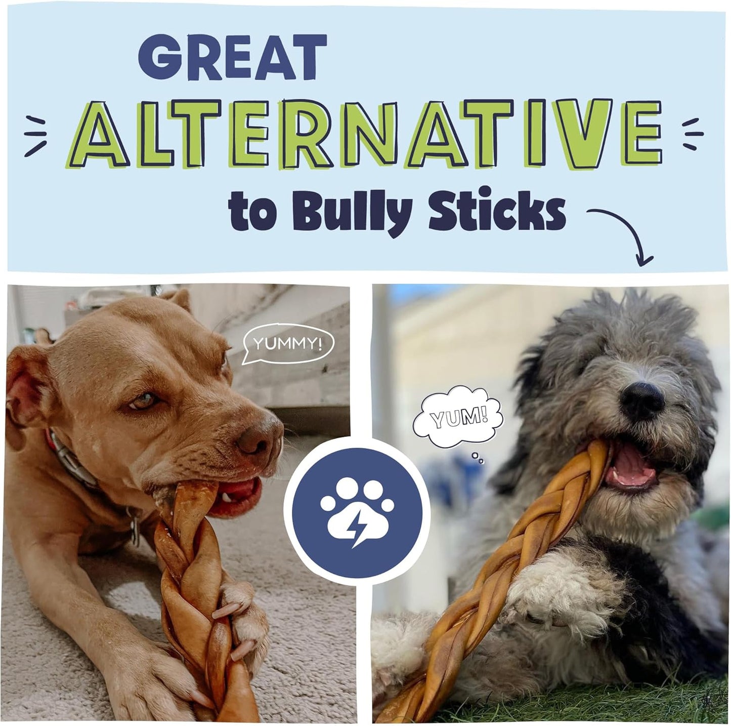 Natural Large 10-13” Beef Collagen Braids for Dogs – Long-Lasting Rawhide & Bully Stick Alternative, with Chondroitin & Glucosamine – 3 Pack