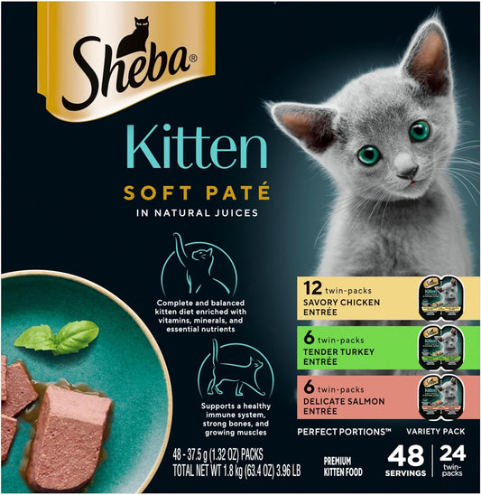 Perfect Portions Kitten Wet Cat Food Pate Chicken Entree, Salmon Entree, and Turkey Entree, 2.6 Oz. Twin-Pack Trays (24 Count, 48 Servings)