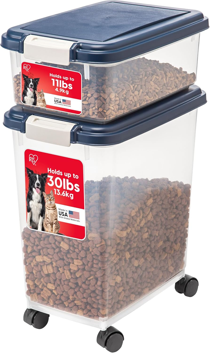 2-Piece 41 Lbs / 45 Qt Weatherpro Airtight Pet Food Storage Container Combo and Treat Box for Dog Cat and Bird Food, Stackable, Keep Fresh, Translucent Body, Easy Mobility, Navy