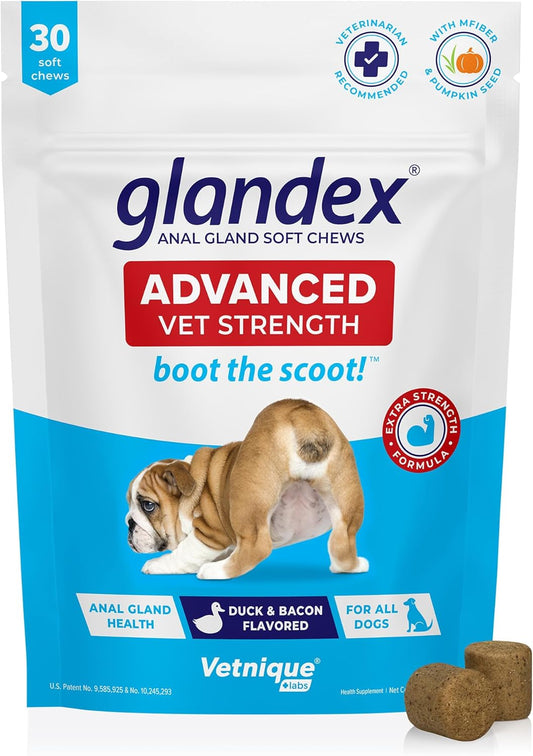 Glandex Anal Gland Soft Chew Treats with Pumpkin for Dogs Digestive Enzymes, Probiotics Fiber Supplement for Dogs Boot the Scoot (Advanced Strength Duck/Bacon Chews (Veg), 30 Count)
