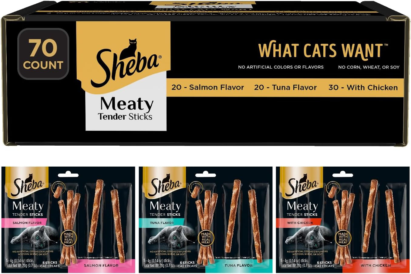 Meaty Tender Sticks Soft Cat Treats Chicken, Tuna, and Salmon Flavor, 0.14 Oz., 70 Sticks