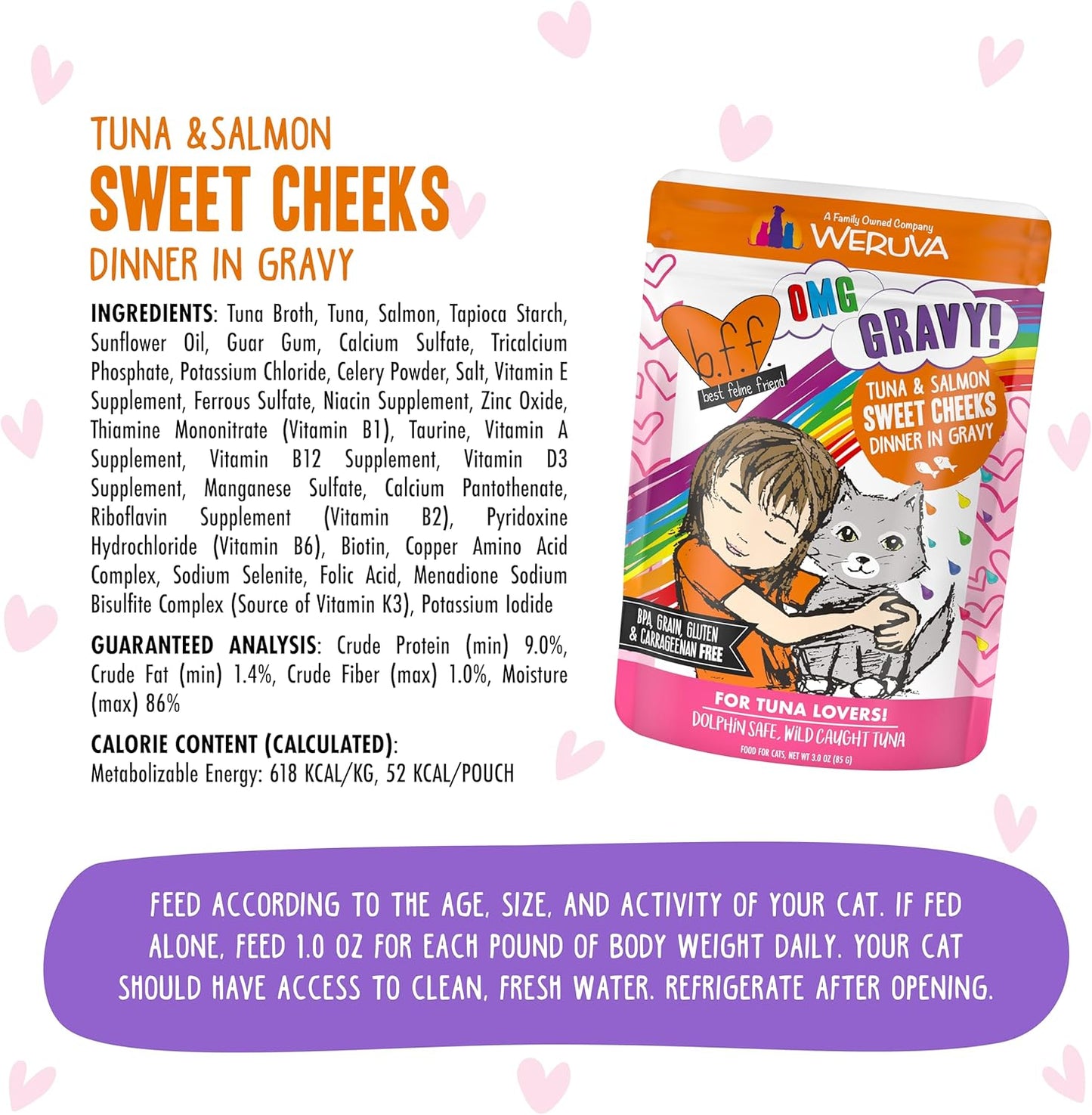B.F.F. OMG - Best Feline Friend Oh My Gravy!, Tuna & Salmon Sweet Cheeks with Tuna & Salmon in Gravy Cat Food, 3Oz Pouch (Pack of 12)