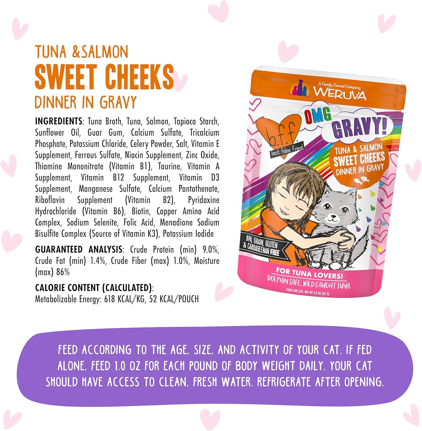 B.F.F. OMG - Best Feline Friend Oh My Gravy!, Tuna & Salmon Sweet Cheeks with Tuna & Salmon in Gravy Cat Food, 3Oz Pouch (Pack of 12)