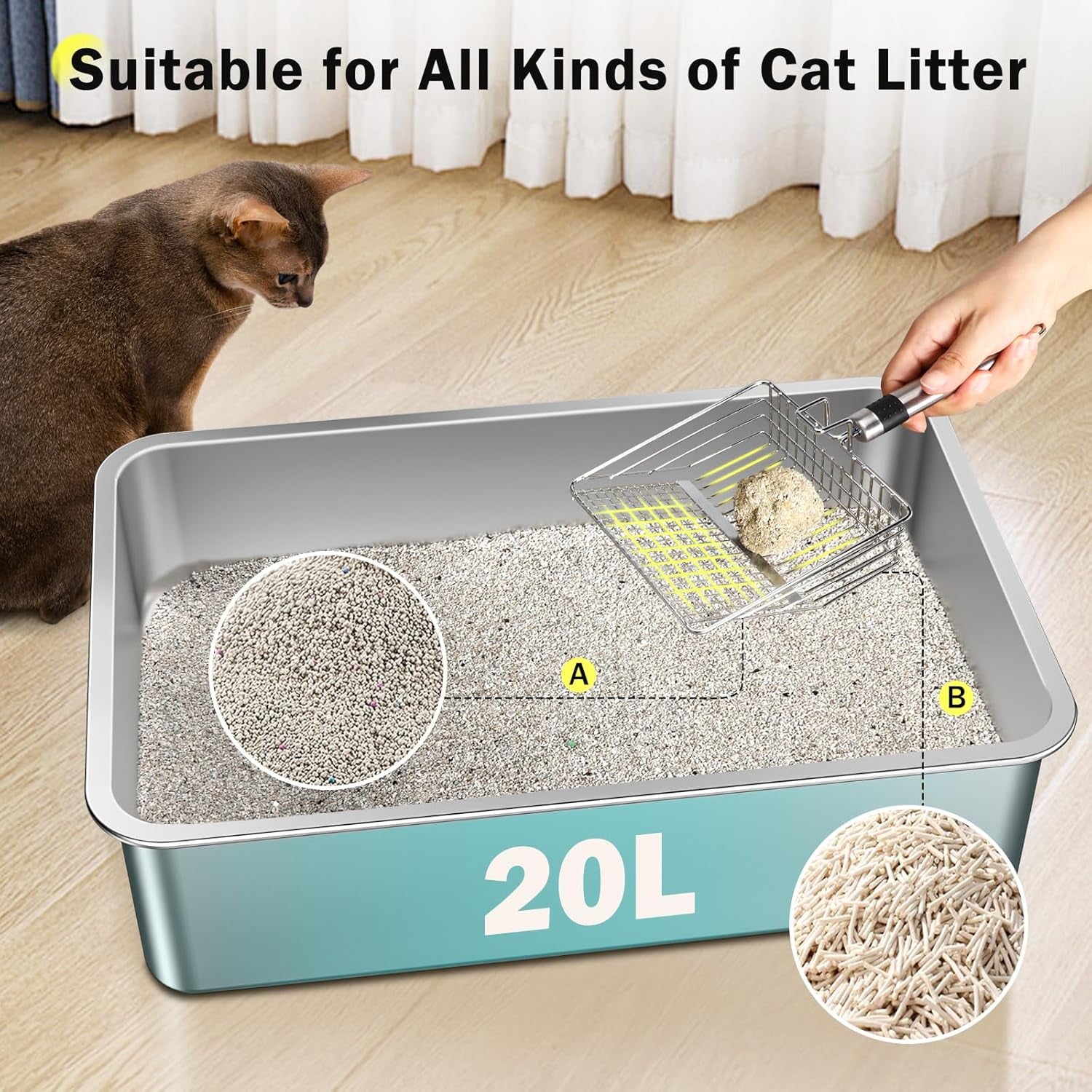 Stainless Steel Litter Box, Extra Large Litter Boxes for Big Cats, Xlarge Metal Cat Litter Box with Lid, Anti-Urine Leakage XL Box with High Sides, Easy Clean, Non-Sticky, Cat Mat & Metal Scoop