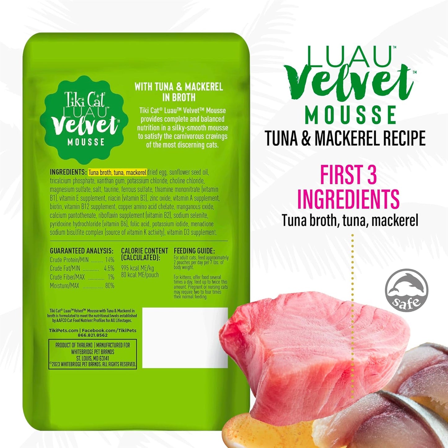 Tiki Cat Luau Velvet Mousse, Tuna & Mackerel in Broth, Complete Nutrition for Balanced Diet, Wet Cat Food for All Life Stages, 2.8 Oz. Pouch (12 Count)