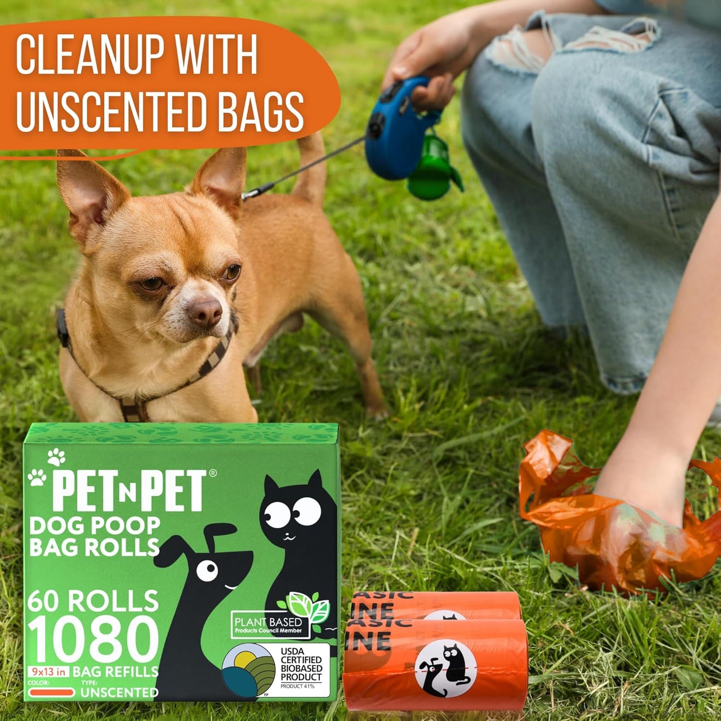 1080 Counts Orange Poop Bags for Dogs, 41% Plant Based & 59% PE Extra Thick Dog Poop Bags Rolls, 9" X 13", Unscented Pet Waste Bag