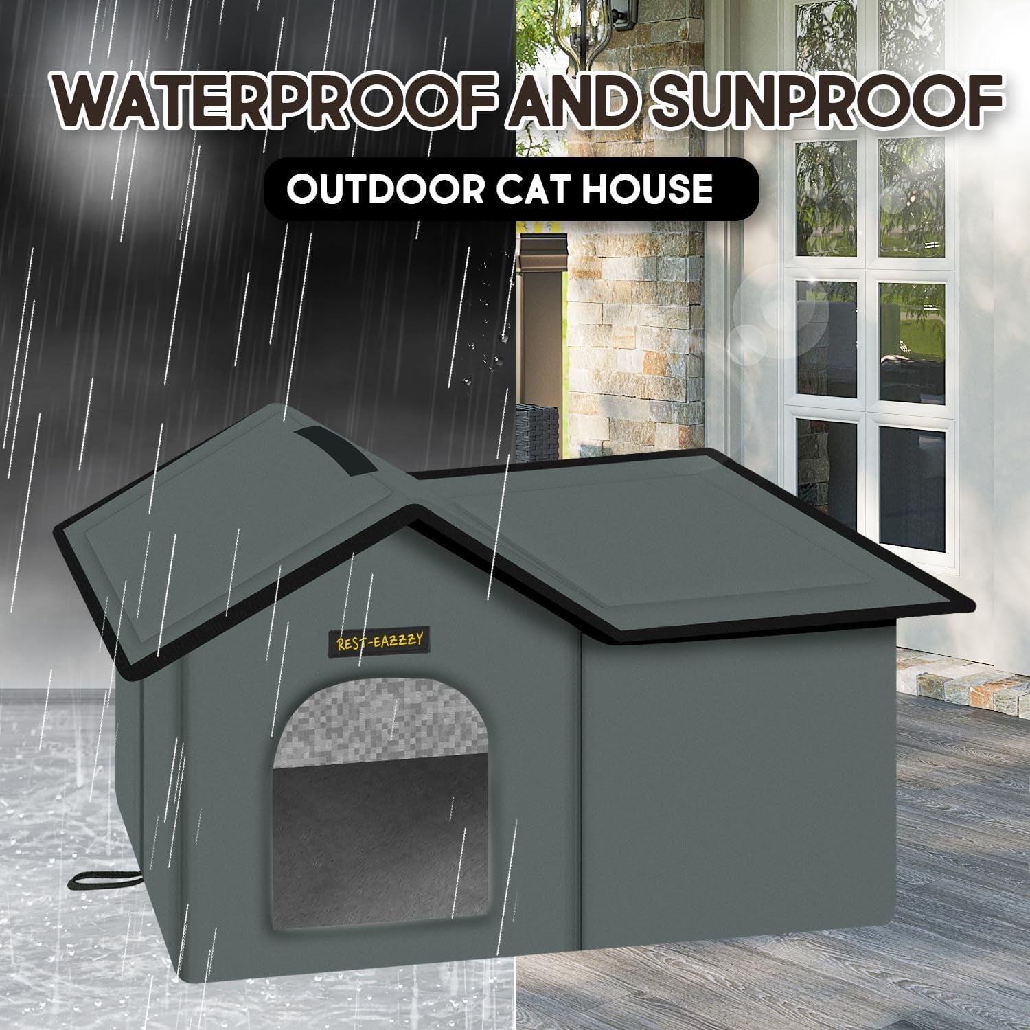 Cat House for Outdoor Cats, Weatherproof and Insulated Feral Cat House with Mat and Clip, Easy to Put Together, Selfwarming Cat Shelter for Winter(Grey, Waterproof House-L)