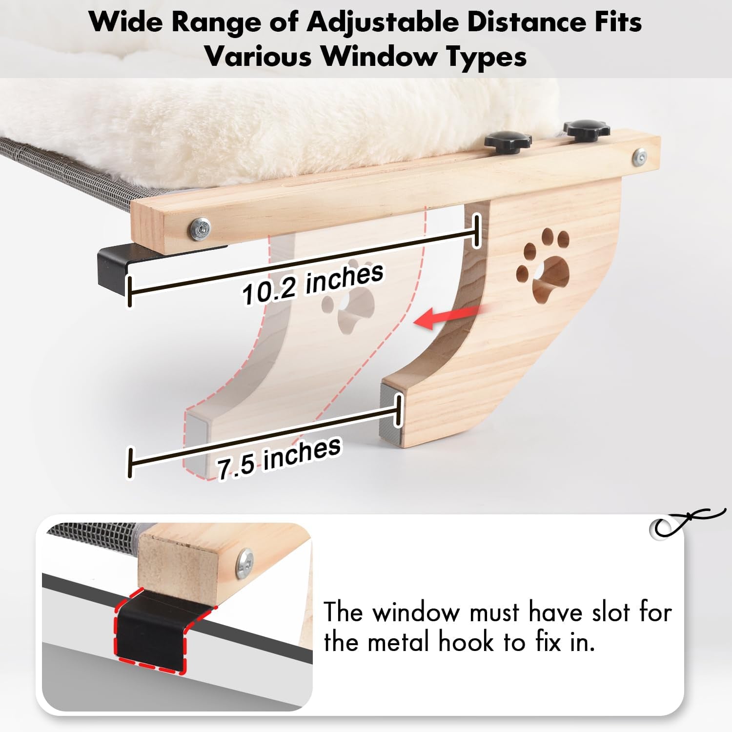 Cat Sill Window Perch Sturdy Hammock Window Seat with Cushion Cover, Wood & Metal Frame for Large Cats, Easy to Adjust Cat Bed for Windowsill, Bedside, Drawer and Cabinet (XL)