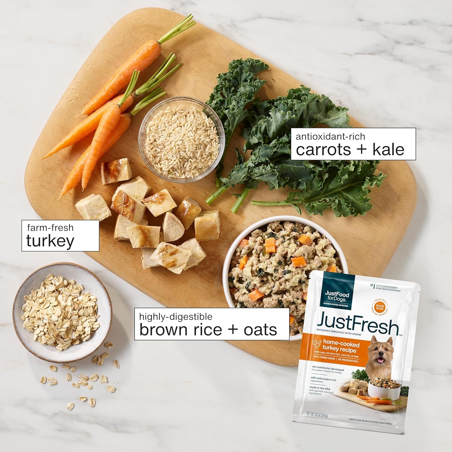 Justfresh Wet Dog Food, Fresh Pet Meals and Toppers with No Preservatives, Resealable Package, Human Grade, Home-Cooked Turkey, 12 Oz - 7 Pack