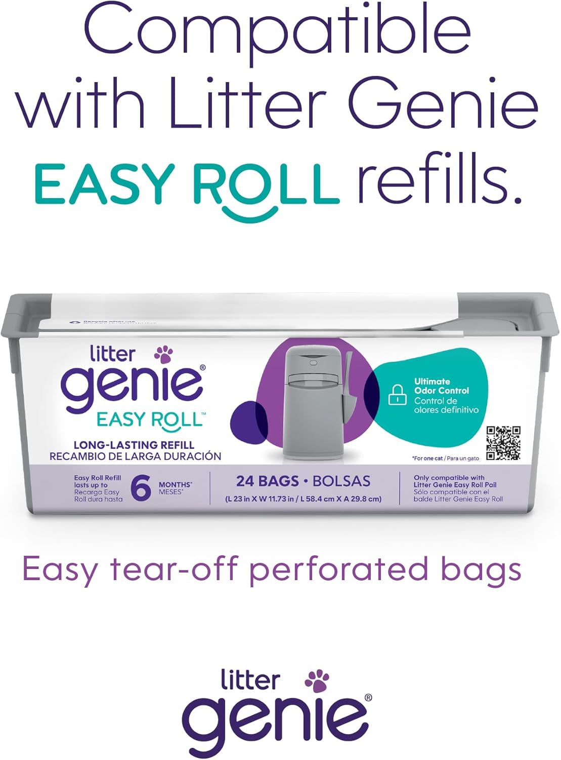 Easy Roll Pail | Cat Litter Box Waste Disposal System for Odor Control | Includes 1 Roll of 24 Easy Tear-Off Bags