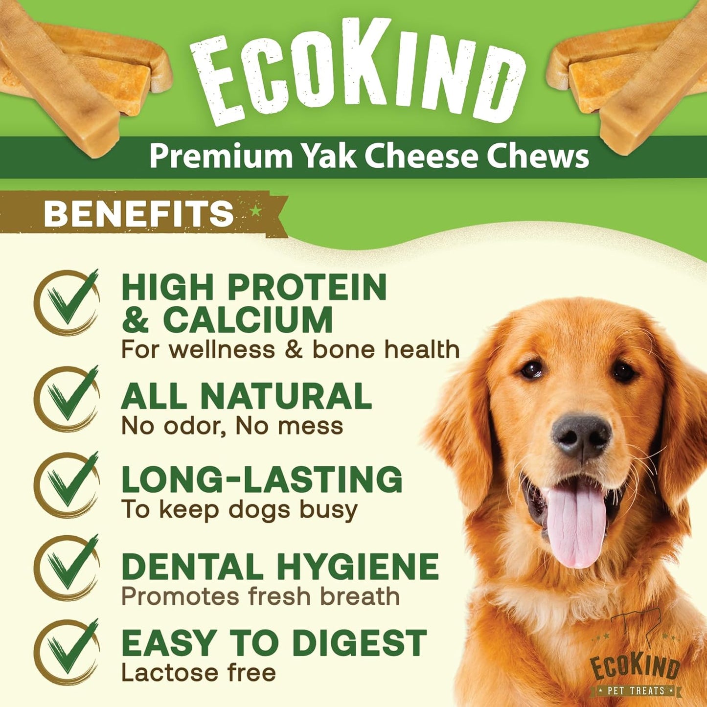 Ecokind Premium Gold Yak Cheese Himalayan Dog Chews, Dog Treats Large Breed, All Natural, High Protein, for Aggressive Chewers, Large - 12+ Chews (3 Lb)