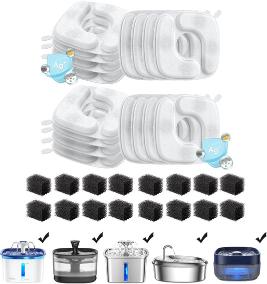 Cat Water Fountain Filters, 16 Pack Replacement Filters & 16 Pack Replacement Pre-Filter Sponges Set for 50Oz, 84Oz, 95Oz Automatic Pet Fountain Dog Water Dispenser