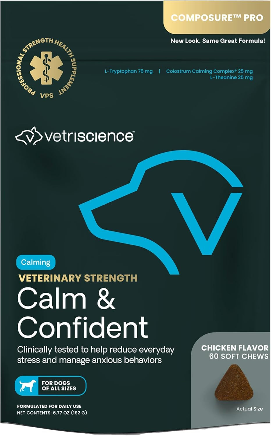 Veterinary Strength Calm & Confident Chews - Stress Supplement for Pets - Supports Brain Function for Cats & Dogs - with L-Theanine, Thiamine & More - 60 Count