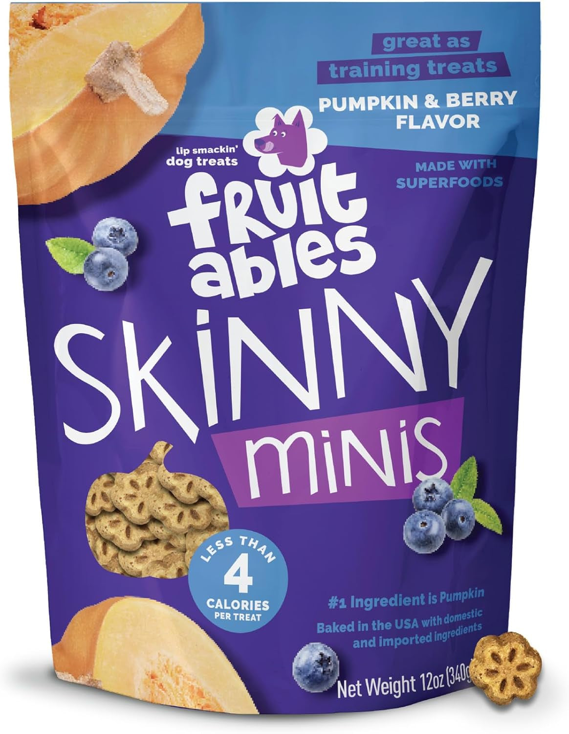 Skinny Mini Dog Treats, Healthy Pumpkin Treat for Dogs, Low Calorie & Delicious, Puppy Training, Free of Wheat, Corn and Soy, Made in the USA, Pumpkin and Berry Flavor, 12Oz