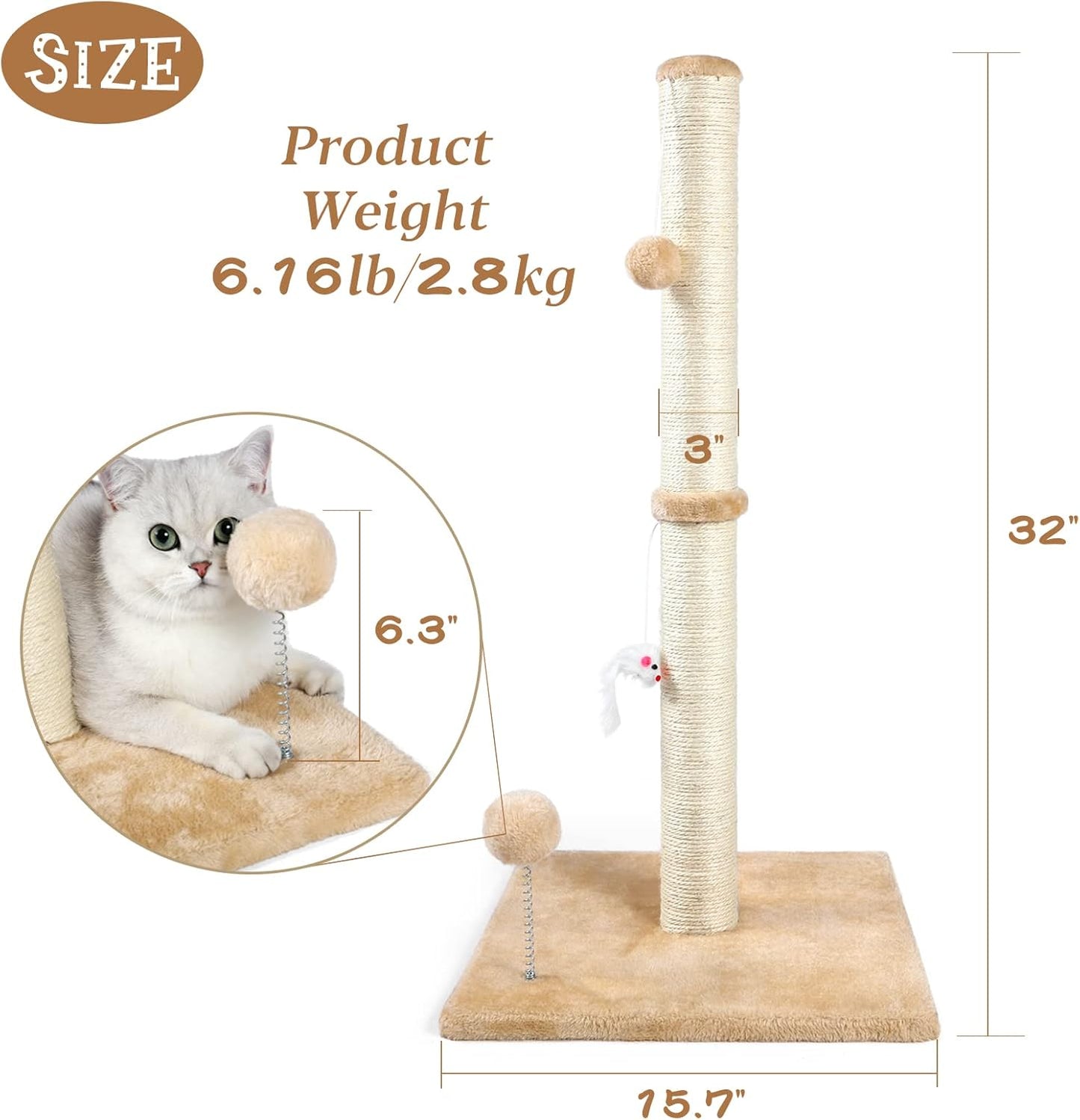 32" Tall Cat Scratching Posts for Indoor Cats, 3-In-1 Vertical Cat Scratching Post with Plush Toys, Premium Sisal Post for Cats at All Ages with Reinforced Stable Base, Beige