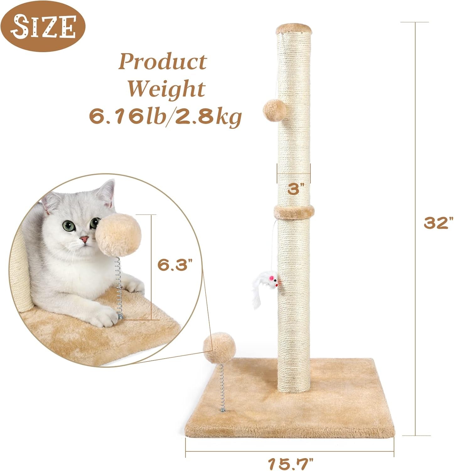 32" Tall Cat Scratching Posts for Indoor Cats, 3-In-1 Vertical Cat Scratching Post with Plush Toys, Premium Sisal Post for Cats at All Ages with Reinforced Stable Base, Beige