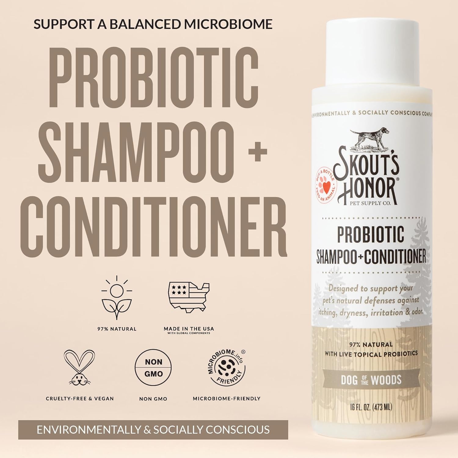 Probiotic Pet Shampoo & Conditioner with Avocado Oil & Omega-3S, 97% Natural, Paraben & Sulfate-Free, Cruelty-Free, 16Oz, Dog of the Woods