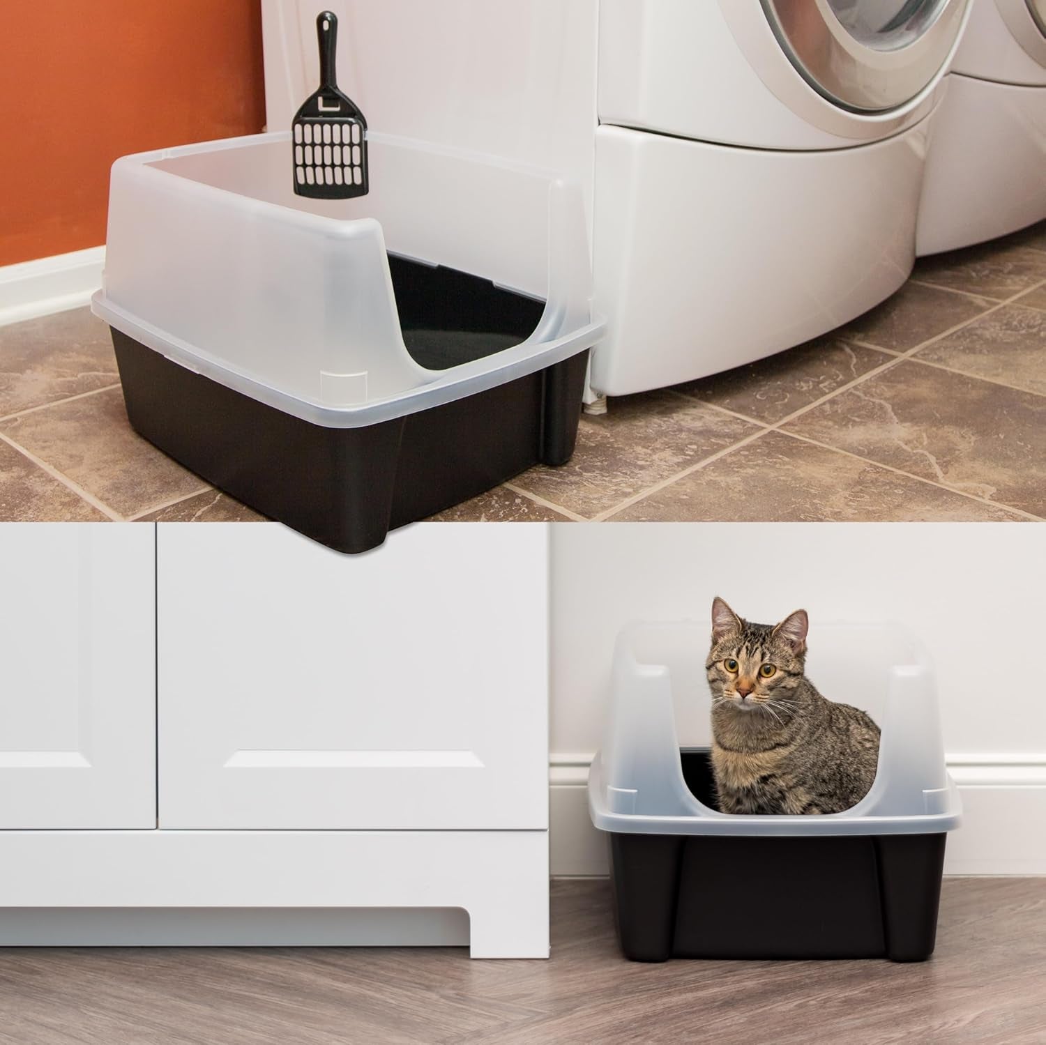 USA 2 Pack Large Cat Litter Boxes with Scatter Shield and Scoop, Open Top High Sided Cat Litter Pan, Black