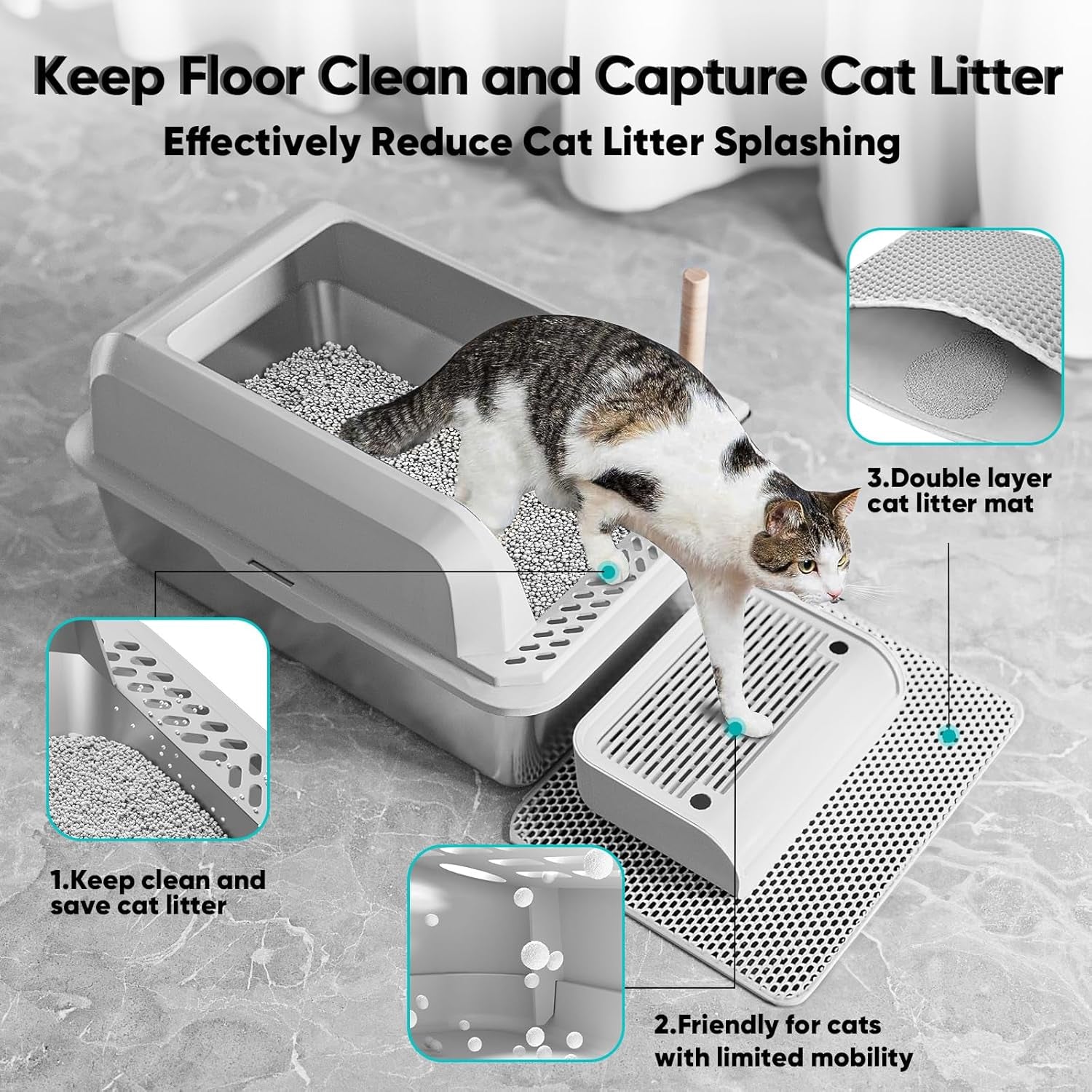 Stainless Steel Cat Litter Box with Lid, XL Large Litter Box for Big Cats, Enclosed Kitty Litter Pan with High Sides, Anti-Leakage & Non-Stick, Easy to Clean, Included Scoop, Aisle and Mat