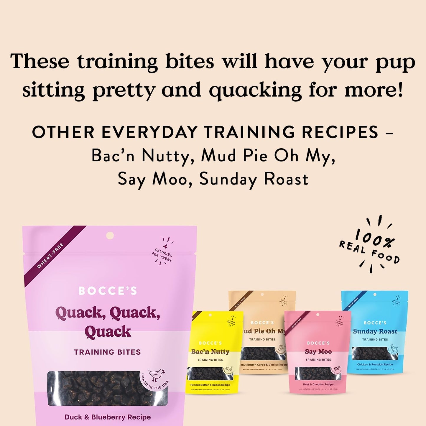 Quack, Quack, Quack Training Treats for Dogs, Wheat-Free Dog Treats, Made with Real Ingredients, Baked in the USA, All-Natural & Low Calorie Training Bites, Duck & Blueberry, 6 Oz