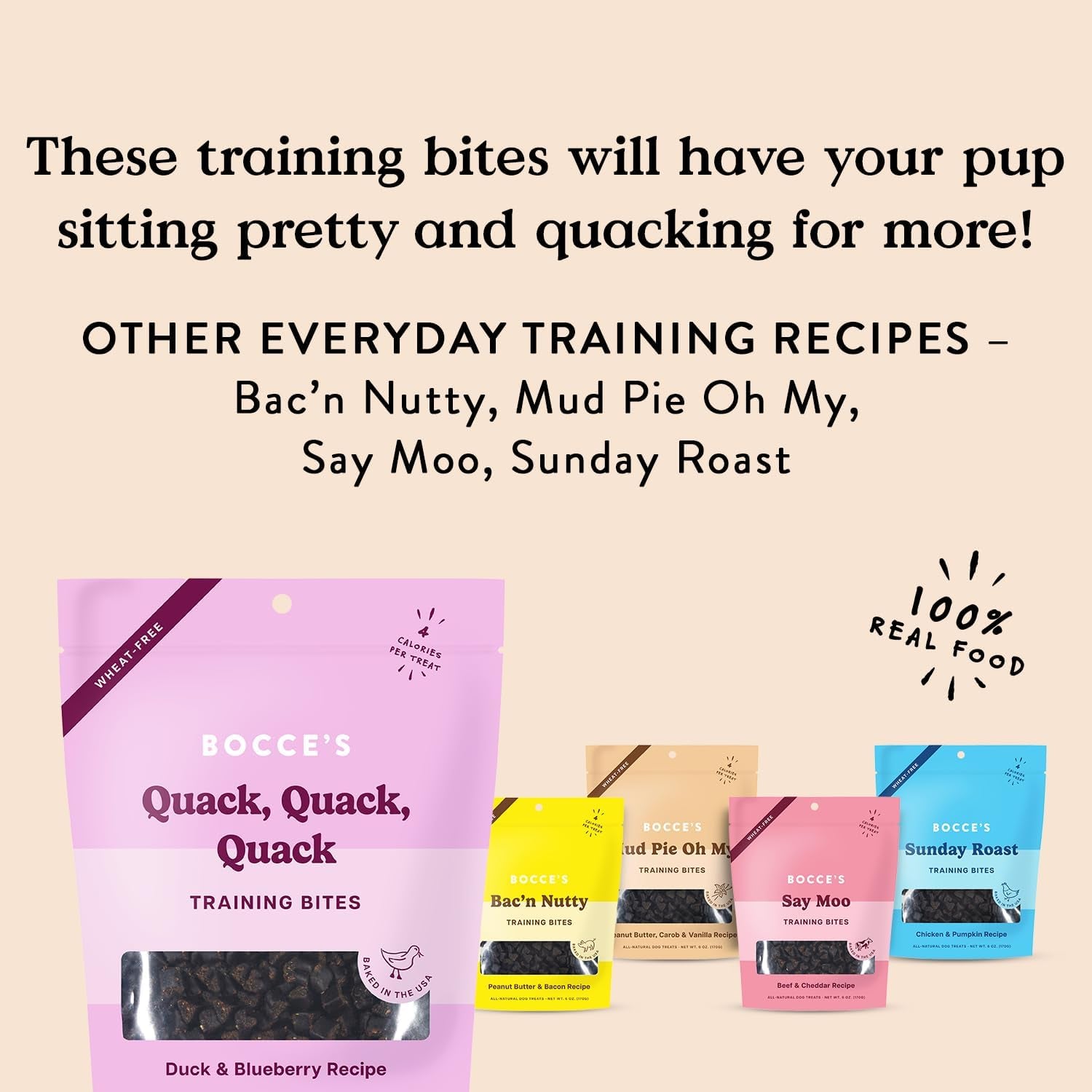 Quack, Quack, Quack Training Treats for Dogs, Wheat-Free Dog Treats, Made with Real Ingredients, Baked in the USA, All-Natural & Low Calorie Training Bites, Duck & Blueberry, 6 Oz