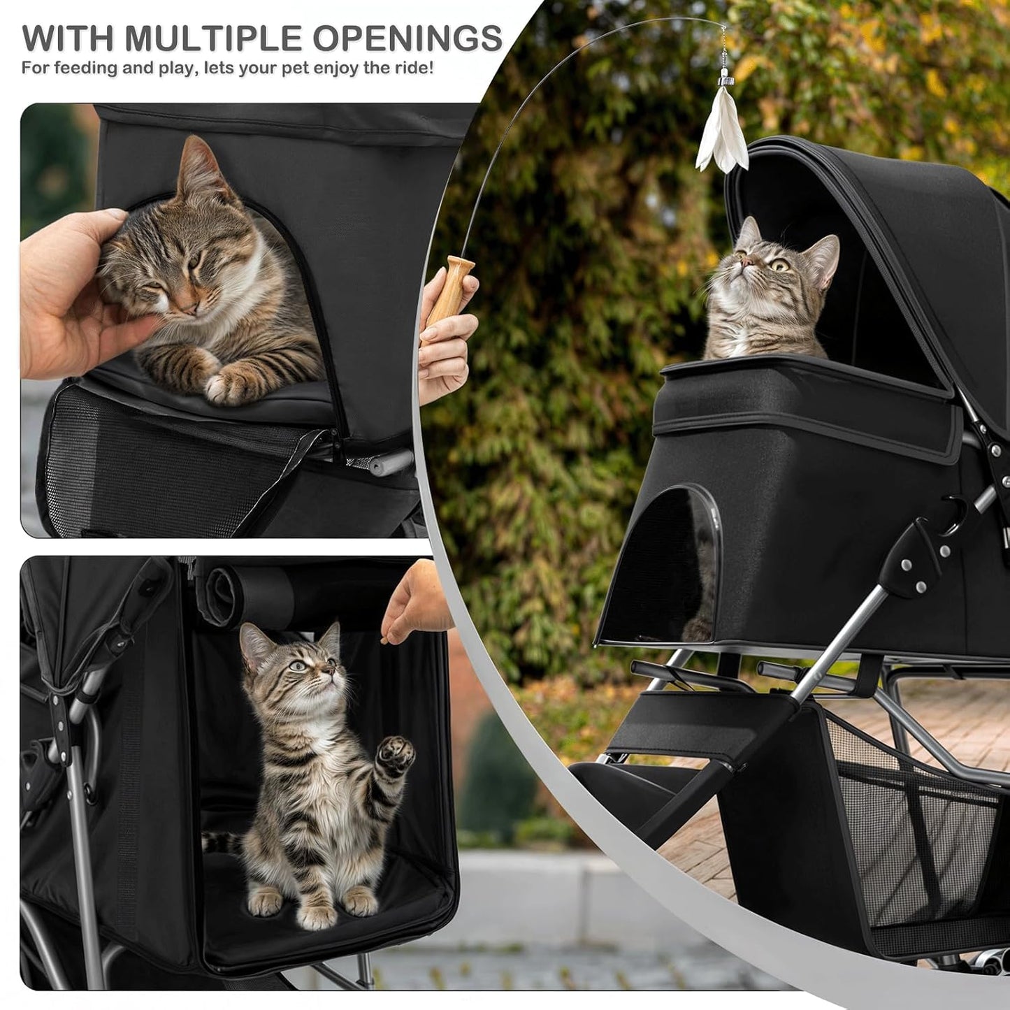 Foldable Pet Stroller with Weather Cover, 3 Wheels Pet Strolling Cart for Small/Medium Dogs and Cats with Storage Basket and Cup Holder, Breathable and Visible Mesh for All-Season, Black